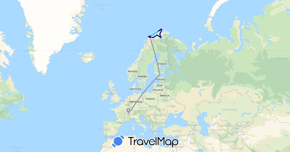 TravelMap itinerary: driving, plane, boat in Switzerland, Finland, Norway (Europe)